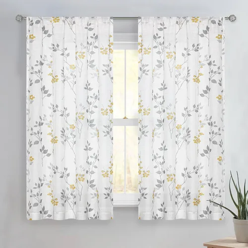 Vista 18 de Beauoop Juego de 2 cortinas semitransparentes de lino floral para sala de Clásico azul y gris