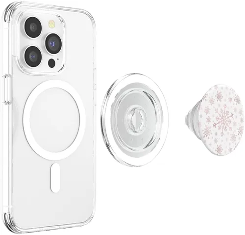 Vista 3 de Bonitos copos de nieve de Navidad rosa degradado en invierno blanco PopSockets MagSafe PopGrip para iPhone