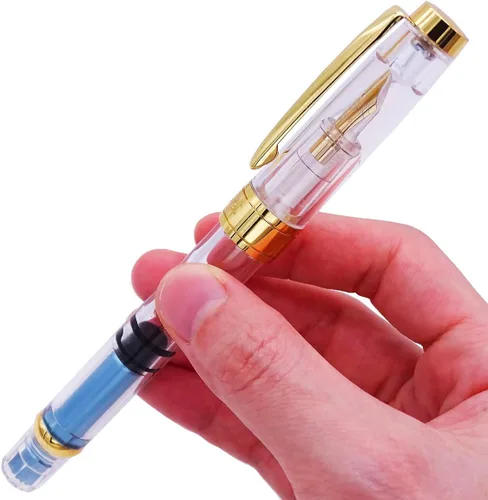 Vista 7 de erofa 【Actualizado】 Juego de 4 plumas estilográficas Yongsheng 3008 con pistón transparente con borde dorado extra fino de 0.015 in, bolígrafo