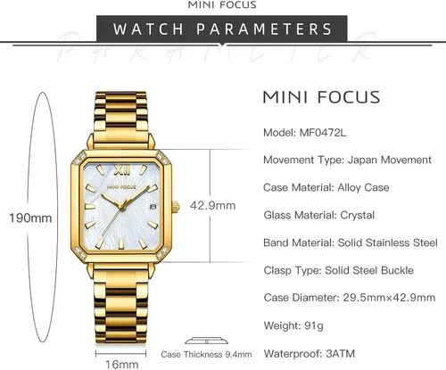 Vista 4 de Mini Focus - Reloj de pulsera elegante para mujer (caja de diamantes, esfera de madre de peramanecilla luminosacalendario) reloj de acero inoxidable