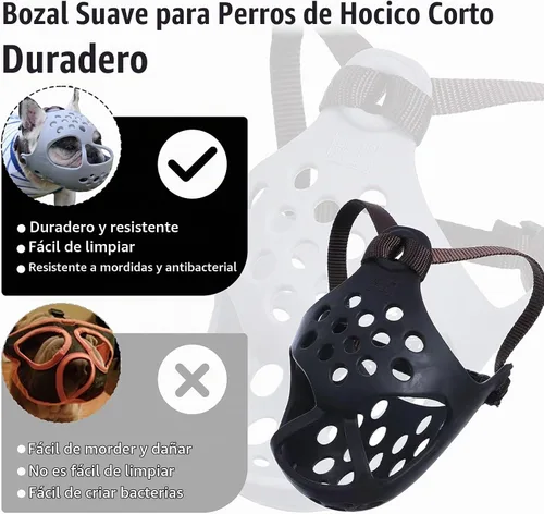 Vista 5 de Bozal corto para perro – Bozal ajustable de silicona suave para bulldog con cara plana, máscara transpirable para perro para morder, masticar