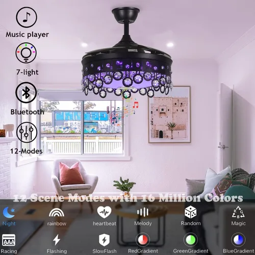 Vista 2 de Fandian Ventilador de techo retráctil con luz, moderno altavoz Bluetooth de 42 pulgadas, regulable, sintonizable, 7 colores, iluminación negra
