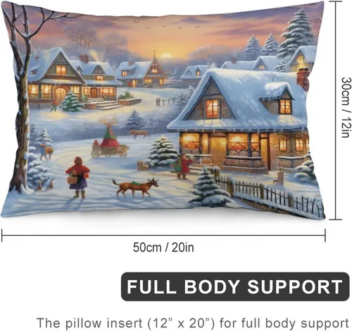 Vista 2 de Fundas de cojín decorativas para cama, diseño de pueblo de invierno, escena de invierno, con una casa victoriana en un entorno nevado, fundas