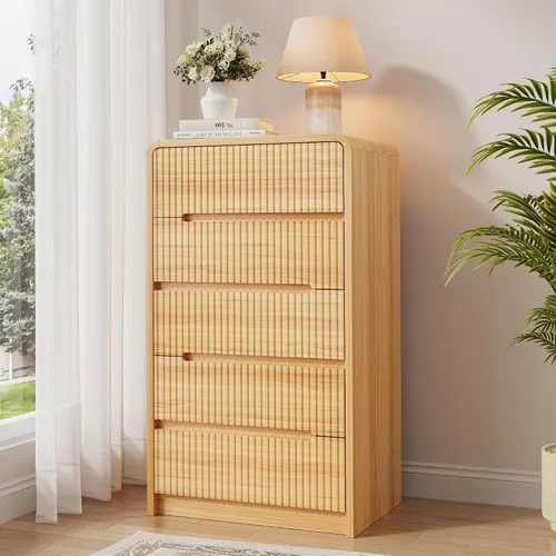 Vista 22 de Cómoda de madera negra para dormitorio, 5 cajones para almacenamiento de ropa, cómoda moderna con cajones anchos, cómoda de madera amplia para sala