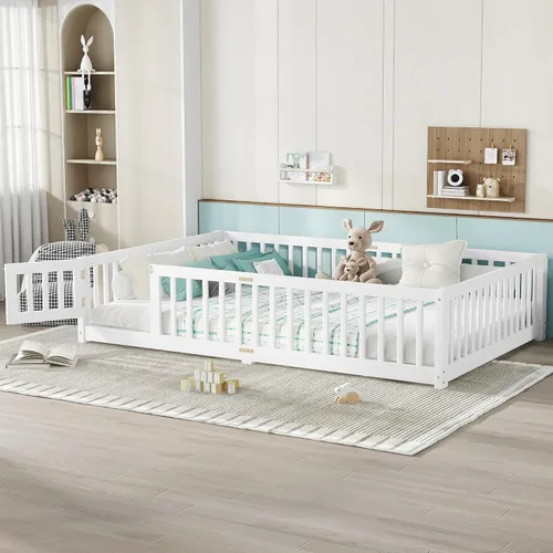 Vista 15 de Harper & Bright Designs - Cama de suelo para niños de tamaño individual con valla y puerta, marco de cama Montessori de madera maciza, cama