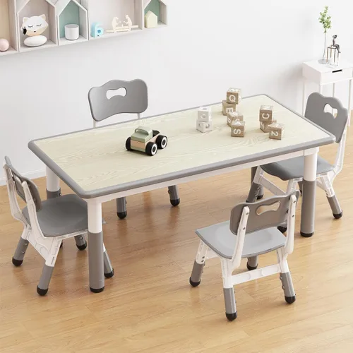 Vista 6 de Juego de mesa y 4 sillas para niños, mesa y sillas ajustables en altura para niños de 2 a 10 años, escritorio con graffiti, patas antideslizantes
