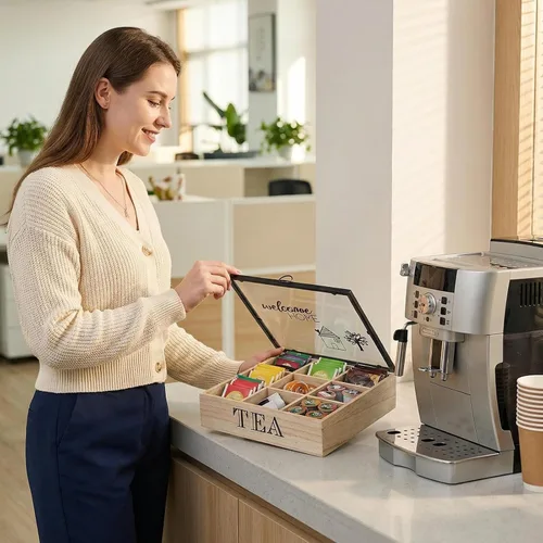 Vista 6 de Organizador de caja de té de madera con 9 compartimentos y ventana superior de acrílico transparente, caja de almacenamiento multifuncional, soporte