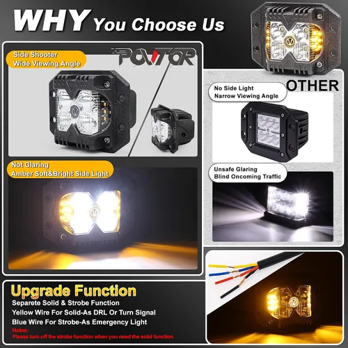 Vista 4 de Luces LED de Montaje Empotrado, POVTOR Luces LED Pod de 40W con Logo V Separado de Doble Lado Ámbar Sólido y Estroboscópico Haz Combo Luces Todo