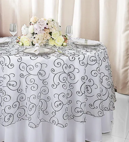 Vista 21 de Manteles de organza bordados redondos de 90 pulgadas, manteles de organza para bodas, fiestas, banquetes, eventos, color verde manzana