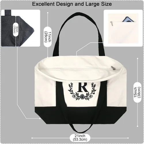 Vista 2 de BeeGreen - Bolsa de playa de 12 pulgadas con inicial bordada y bolsillo interior con cremallera superior, grande, de lona, de algodón, con bolsillo