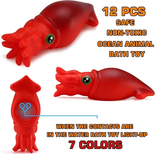 Vista 4 de Juguetes de baño, juego de 12 piezas de animales marinos marinos iluminados, luz LED intermitente, juguetes de bañera flotante para bebés, niños