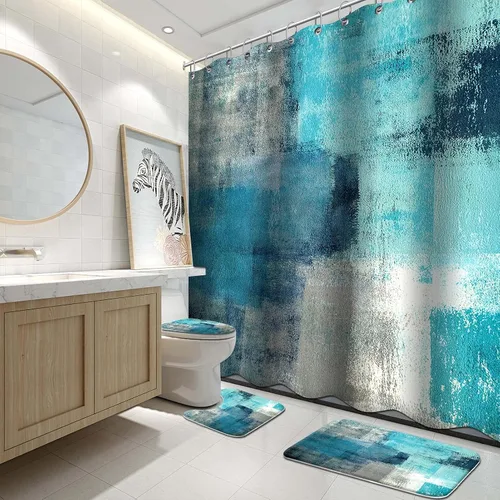 Vista 13 de Lnond 4 Piezas Juegos de Cortinas de Ducha de Baño Moradas con Alfombras, Arte de Pintura Púrpura y Gris Juegos de Baño con Cortina de Ducha