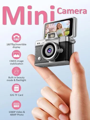 Vista 2 de Mini cámara con llavero, cámara digital 1080P con LCD de 1.47 pulgadas, tarjeta TF de 32 GB incluida, cámara retro de tamaño bolsillo para niños