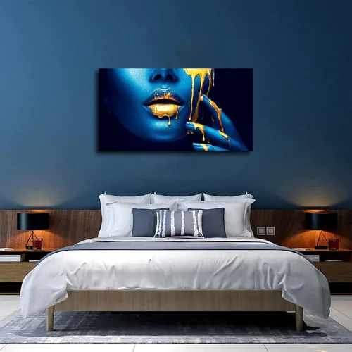 Vista 4 de VhoMes Póster de labios sexys azules y dorados, decoración de pared para el hogar, lienzo, impresión de imagen HD, decoración de dormitorio y sala