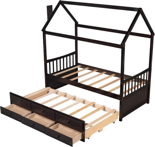 Vista 9 de Cama de madera maciza tamaño individual con techo, nido, 3 cajones de almacenamiento, sofá cama de plataforma para muebles de dormitorio, sala