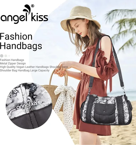 Vista 7 de Angelkiss - Bolsos y bolsos de mano para mujer, de cuero vegano lavado, bolso cruzado estilo hobo
