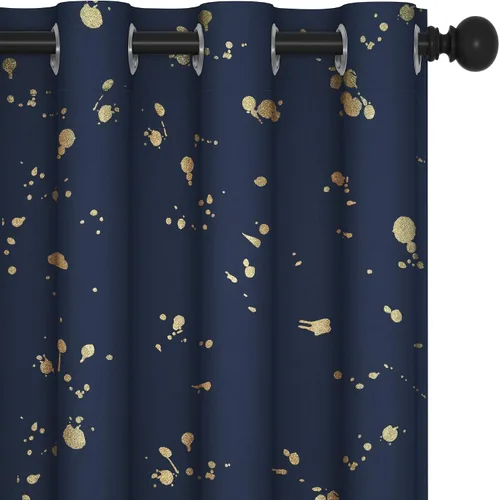 Vista 54 de Deconovo - Cortinas opacas con diseño dorado estampado y ojales, negro, de 42 pulgadas de ancho x 45 pulgadas de largo