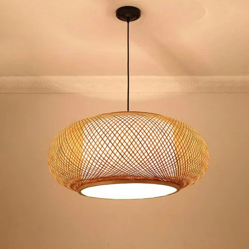 Vista 2 de Lámpara colgante de bambú tejida hecha a mano, ratán antiguo, lámpara colgante de techo de madera natural con cable ajustable para sala de estar