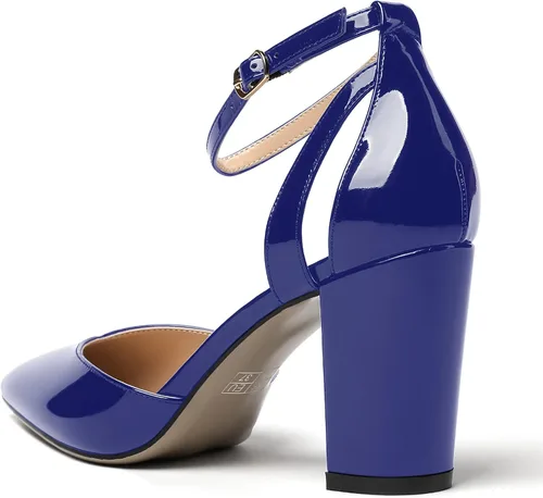 Vista 7 de MODENCOCO Zapatos de tacón alto de charol D'Orsay con correa de tobillo recortada para mujer, 3.5 pulgadas