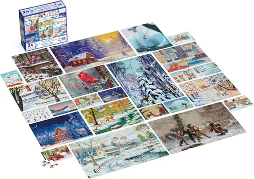 Vista 4 de Paquete de rompecabezas de 24 piezas, paisaje de ilustración de nieve de invierno navideño, 1000, 500, 300, 100, 48, 24 piezas, para niños y adultos