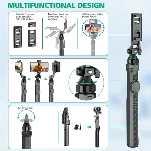Vista 3 de Soporte de teléfono de 70.6 pulgadas y trípode para selfies, soporte de celular extensible con control remoto y soporte para teléfono