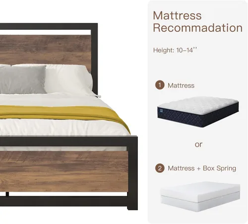 Vista 8 de ikalido Base de cama de plataforma de metal completo con cabecero y estribo de madera, soportes fuertes de metal resistente, base de colchón,
