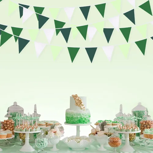 Vista 5 de Pancarta verde degradado de 32 pies para decoración de fiesta, bandera triangular verde, banderines de tela, banderines para dinosaurios