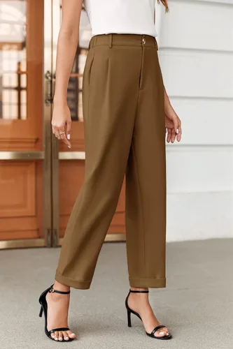 Vista 7 de Febriajuce Pantalones de vestir de cintura alta elástica para mujer, pantalones de trabajo plisados con botones, pantalones de trabajo de pierna