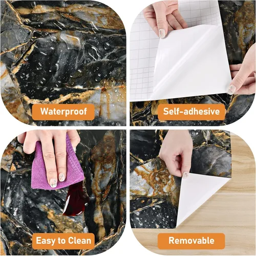 Vista 8 de Wallercity Papel tapiz de mármol negro y dorado brillante para encimeras de salpicaduras, autoadhesivo, impermeable, papel de contacto de mármol