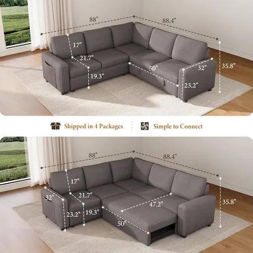 Vista 10 de Vesgantti Sofá Seccional Reclinable de 88.4" con Cama Extraíble, Sofá Seccional Modular en Forma de L de 5 Plazas con Almacenamiento, Cómodo Sofá