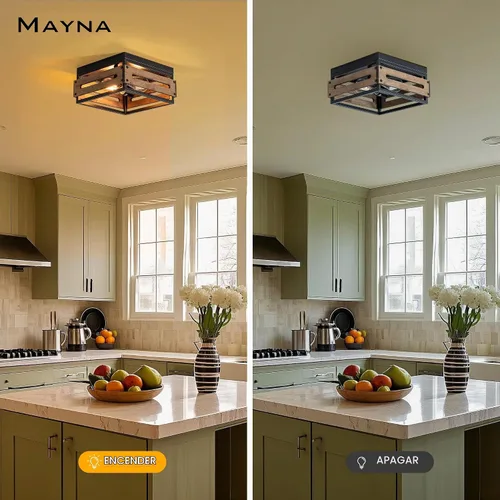 Vista 5 de MAYNA Lámpara de techo de granja, lámpara de techo rústica de 2 luces con montaje empotrado de metal y madera, accesorios de iluminación de pasillo