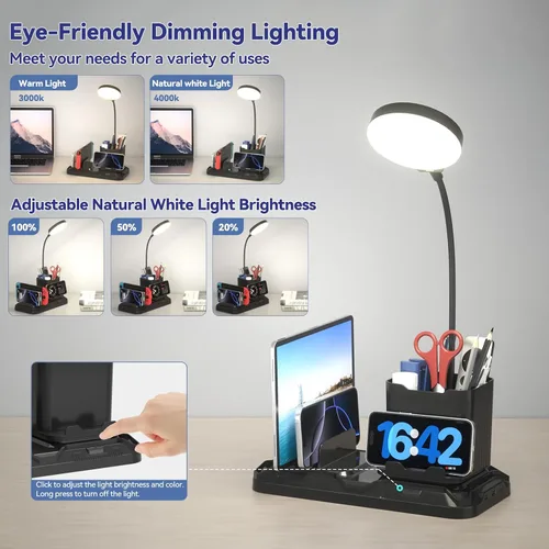 Vista 2 de KDD Lámpara de escritorio con puertos de carga USB A y C, luz de escritorio de lectura con bolígrafo y soporte para teléfono, luces de brillo