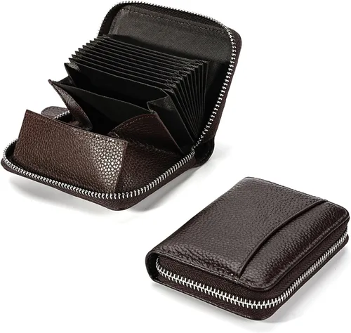Vista 2 de Cartera de cuero genuino con bloqueo RFID, billetera con cremallera de lujo para mujeres con monedero, Color café, Classic