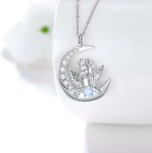 Vista 2 de KQF Collar de libélulacolibríerizobúhosobriedadalas de ángel, collar de luna de plata de ley, regalo de libélula para amantes de la libélula