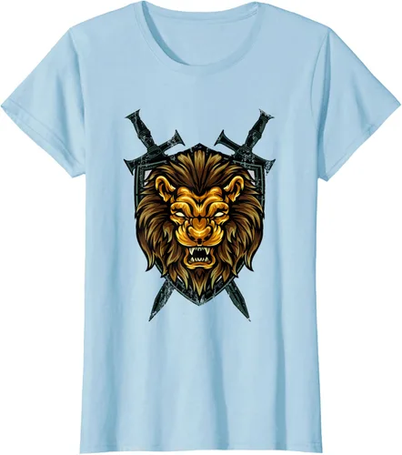 Vista 21 de Camiseta con diseño de caballero medieval renacentista, con diseño de espada de león, Negro, S