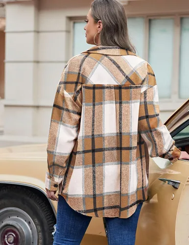 Vista 5 de IN'VOLAND Chaqueta de franela a cuadros de manga larga con botones para mujer, tallas grandes, blusas casuales de otoño