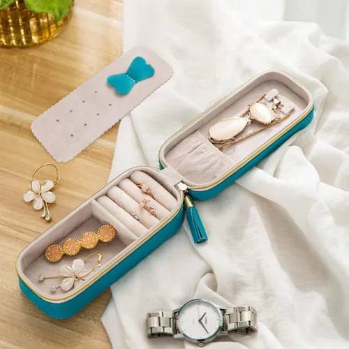 Vista 7 de SANQIANWAN Pequeña caja organizadora de viaje de joyería con piel sintética, estuche portátil de almacenamiento de joyas para collares, anillos