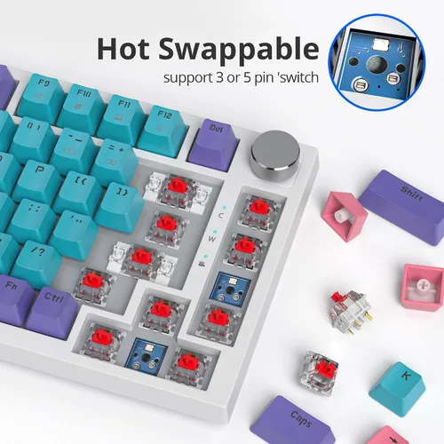 Vista 4 de Junta de teclado 75% montada con almohadillas absorbentes de sonido, teclado mecánico RGB compacto de 82 teclas para juegos, enchufe de intercambio