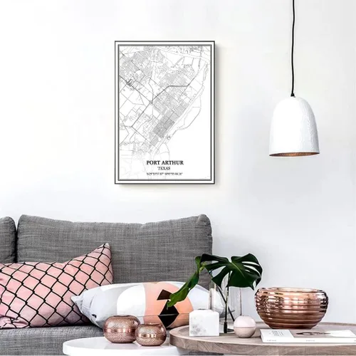 Vista 2 de Póster de pared de Port Arthur Texas, Estados Unidos América Mapa, impresión sobre lienzo, sin marco, moderno mapa blanco y negro BKWH-01864