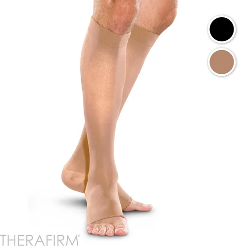Vista 2 de THERAFIRM Medias altas hasta la rodilla con punta abierta, 20-30 mmHg con soporte de compresión moderada