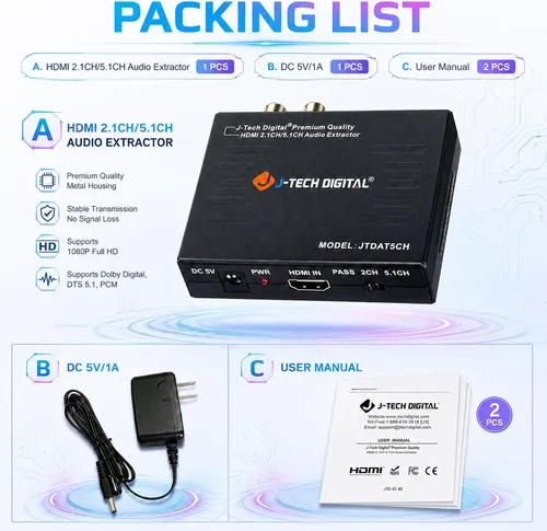 Vista 3 de J-Tech Digital Premium Quality 1080P HDMI a HDMI + Audio (SPDIF + RCA estéreo) Convertidor y extractor de audio (JTDAT5CH)