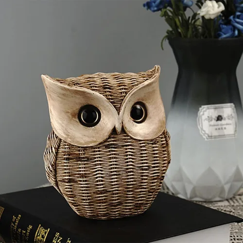 Vista 8 de Adornos artesanales de búho de ratán, estatua de búho de simulación, decoración del hogar, figura de búho de resina hecha a mano, lindo adorno