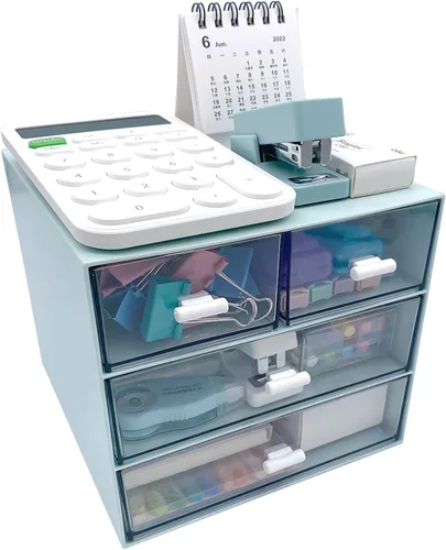 Vista 4 de Marknor Organizador de maquillaje, organizador de escritorio con 4 cajones, almacenamiento de artículos diversos, caja de almacenamiento de Azul