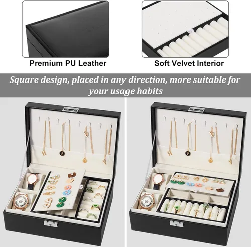 Vista 6 de SIMBOOM Joyero para mujeres y niñas, organizador de joyas de 2 capas con cerradura, estuche de almacenamiento de joyas con bandeja extraíble