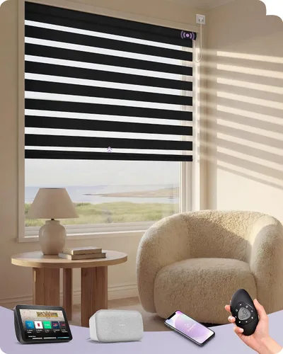 Vista 26 de Graywind Persianas motorizadas de cebra para ventanas, persianas inteligentes 100 % opacas con control remoto, persianas de cebra personalizadas