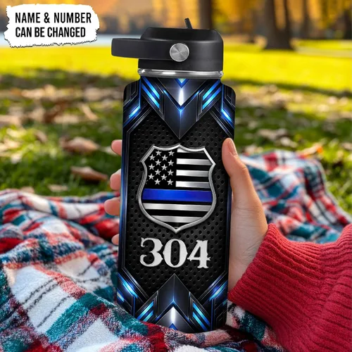 Vista 2 de Hyturtle Botella de Agua Personalizada de Policía - Botella de Acero Inoxidable Aislada con Tapa a Prueba de Fugas 18 oz, 32 oz - Regalo de Bandera