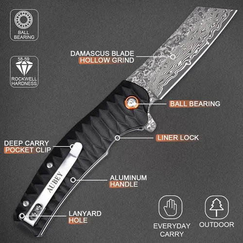 Vista 4 de Cuchillo de bolsillo AUBEY de Damasco, hoja de acero de Damasco de 3.34" con molino hueco, cuchillo plegable con rodamiento de bola, mango