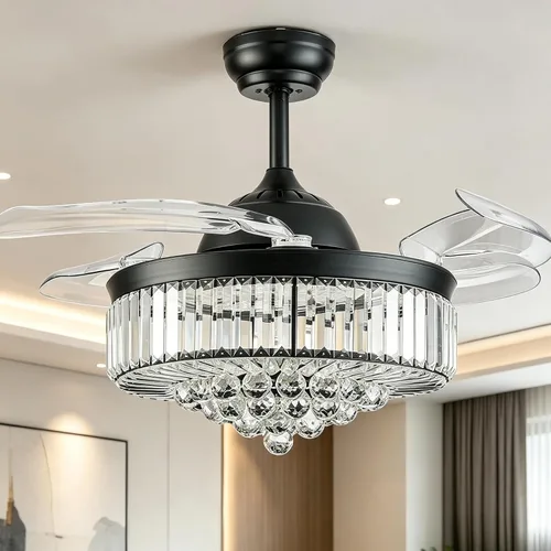 Vista 13 de DuMaiWay Ventilador de techo de 30 pulgadas con lámpara de cristal de luz, ventilador de techo reversible moderno, regulable, temporizador Negro