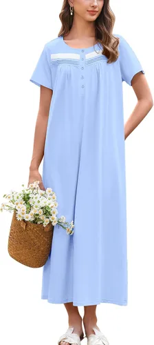Vista 9 de Ekouaer Camisón para Mujeres de Algodón Camisón Largo de Noche Camisón de Manga Corta con Bolsillos Camisón con Botones Ropa de Dormir Suave