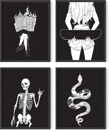 Vista 25 de HAUS AND HUES Decoración gótica de pared, juego de 4 impresiones de Halloween, arte de pared de terror y esqueleto, obra de arte espeluznante